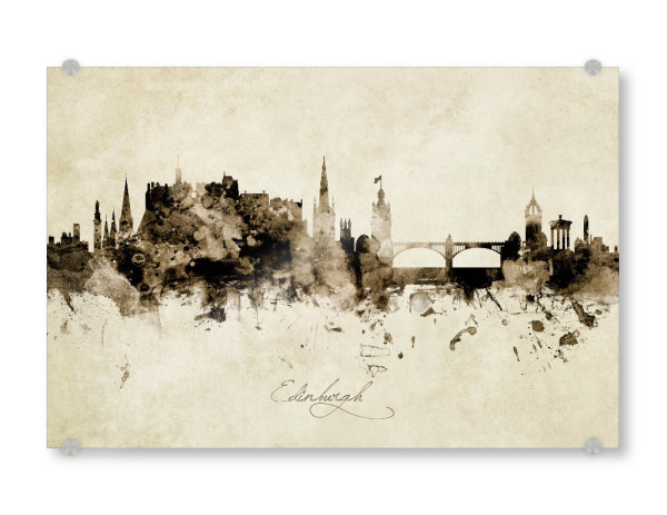 Acrylglasbild "Edinburgh Scotland Skyline Sepia" artboxONE - Städte - Edinburgh,Scotland,Skyline,Cityscape,Stadtbild,Watercolor,Painting