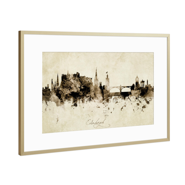 Poster mit Rahmen Gold "Edinburgh Scotland Skyline Sepia" artboxONE - Städte - Edinburgh,Scotland,Skyline,Cityscape,Stadtbild,Watercolor,Painting