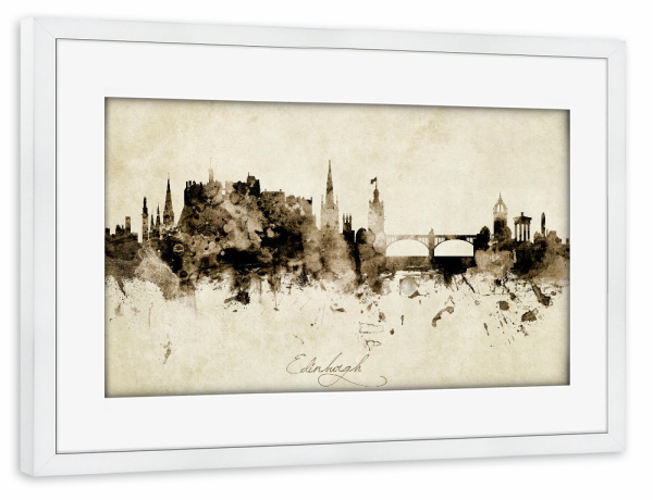 Poster mit Rahmen weiß "Edinburgh Scotland Skyline Sepia" artboxONE - Städte - Edinburgh,Scotland,Skyline,Cityscape,Stadtbild,Watercolor,Painting
