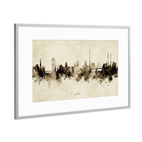 Poster mit Rahmen Silber "Dublin Ireland Skyline Sepia" artboxONE - Städte - Dublin,Ireland,Skyline,Cityscape,Stadtbild,Watercolor,Painting
