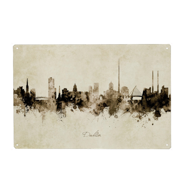 Holzbild "Dublin Ireland Skyline Sepia" artboxONE - Städte - Dublin,Ireland,Skyline,Cityscape,Stadtbild,Watercolor,Painting