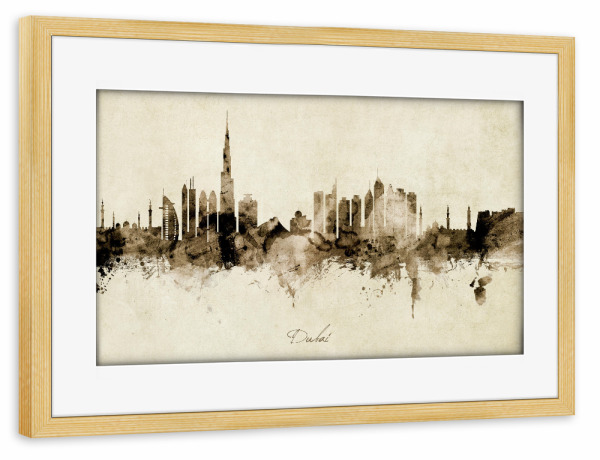 Poster mit Rahmen kiefer "Dubai Skyline sepia" artboxONE - Städte / Dubai - Dubai,United arab emirates,Skyline,Cityscape,Stadtbild,Watercolor,Painting