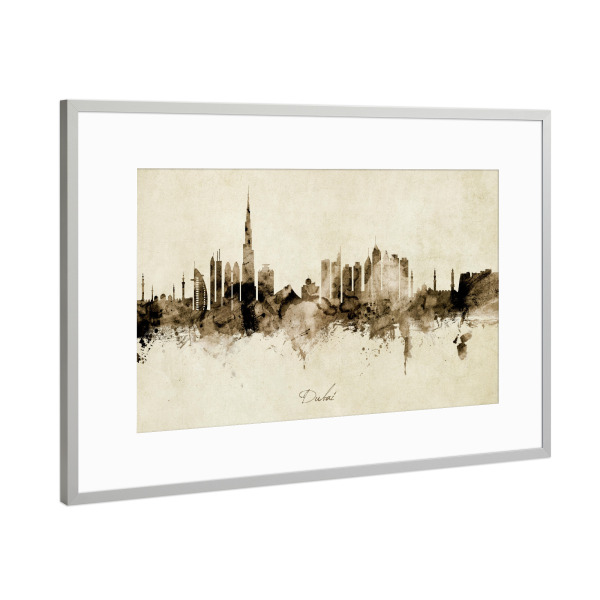 Poster mit Rahmen Silber "Dubai Skyline sepia" artboxONE - Städte / Dubai - Dubai,United arab emirates,Skyline,Cityscape,Stadtbild,Watercolor,Painting