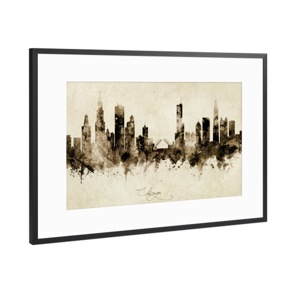 Poster mit Rahmen Schwarz (Metallic) "Chicago Illinois Skyline sepia" artboxONE - Städte / Chicago
