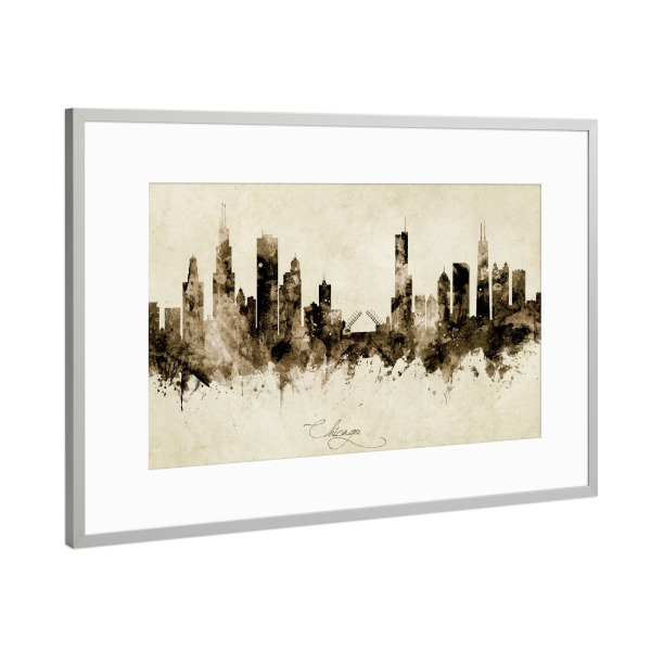 Poster mit Rahmen Silber "Chicago Illinois Skyline sepia" artboxONE - Städte / Chicago