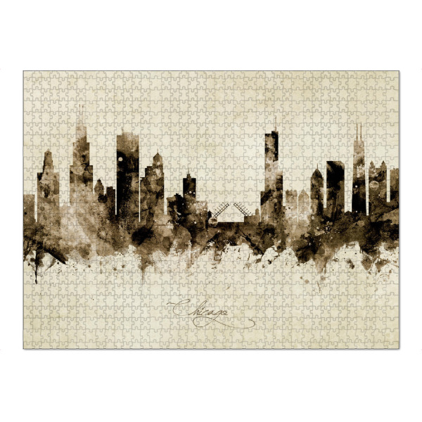 Puzzle Ravensburger "Chicago Illinois Skyline sepia" artboxONE - Städte / Chicago - Chicago,Illinois,Skyline,Cityscape,Stadtbild,Watercolor,Painting