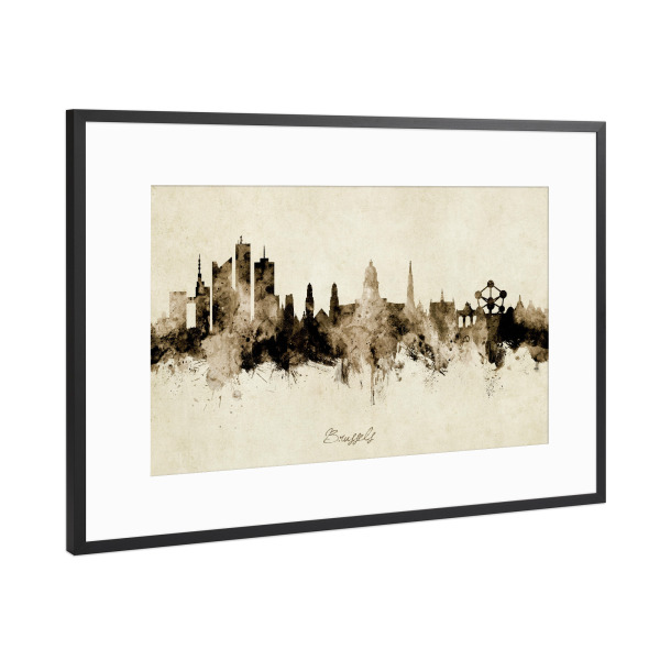 Poster mit Rahmen Schwarz (Metallic) "Brussels Belgium Skyline sepia" artboxONE - Städte