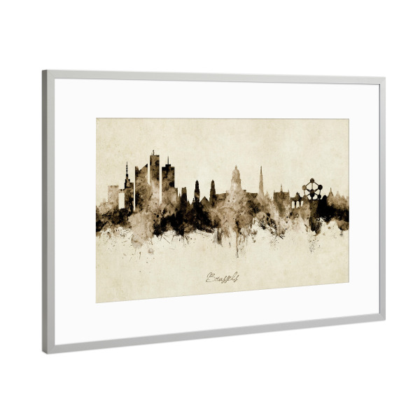 Poster mit Rahmen Silber "Brussels Belgium Skyline sepia" artboxONE - Städte - Brussels,Belgium,Skyline,Cityscape,Stadtbild,Watercolor,Painting