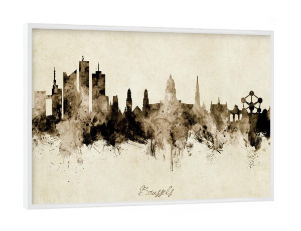 Poster mit weißem Rahmen "Brussels Belgium Skyline sepia" artboxONE - Städte - Brussels,Belgium,Skyline,Cityscape,Stadtbild,Watercolor,Painting