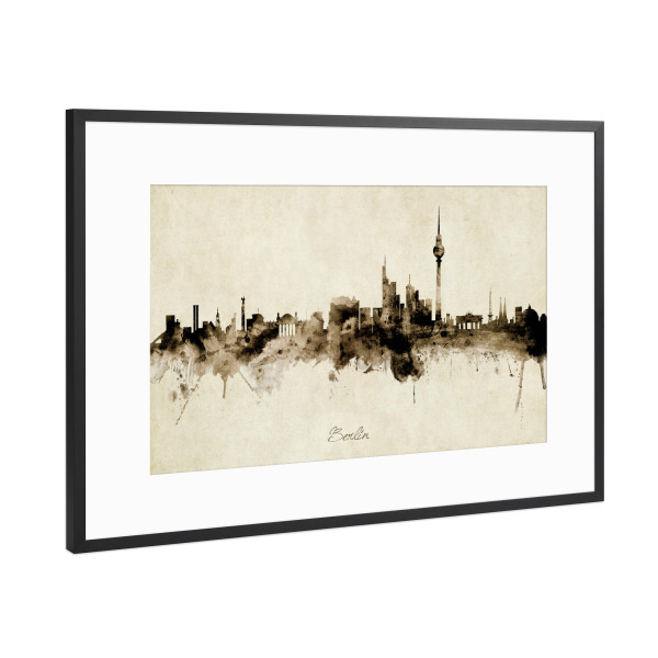 Poster mit Rahmen Schwarz (Metallic) "Berlin Germany Skyline sepia" artboxONE - Städte / Berlin