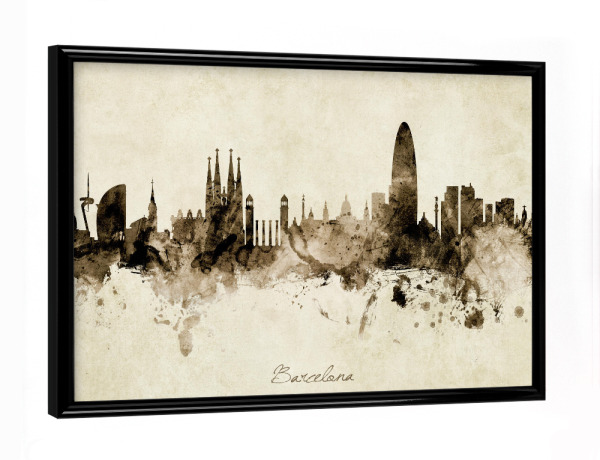 Poster mit schwarzem Rahmen "Barcelona Spain Skyline vintage" artboxONE - Städte / Barcelona