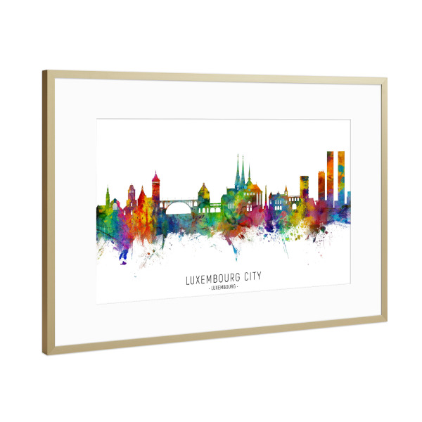 Poster mit Rahmen Gold "Luxembourg City Skyline txt" artboxONE - Städte - Luxembourg city,Luxembourg,Skyline,Cityscape,Stadtbild,Watercolor,Painting