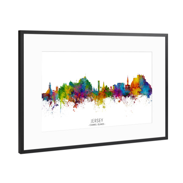 Poster mit Rahmen Schwarz (Metallic) "Jersey Channel Islands Skyline txt" artboxONE - Städte