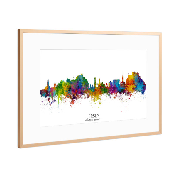 Poster mit Rahmen Kupfer "Jersey Channel Islands Skyline txt" artboxONE - Städte