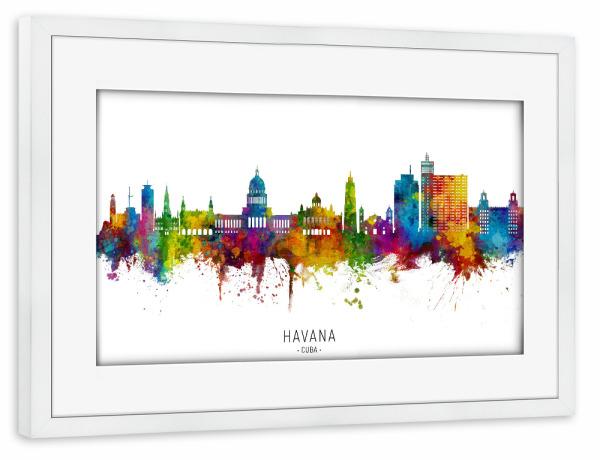 Poster mit Rahmen weiß "Havana Cuba Skyline txt" artboxONE - Städte - Havana,Cuba,Skyline,Cityscape,Stadtbild,Watercolor,Painting