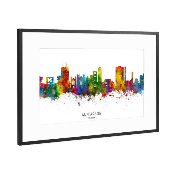 Poster mit Rahmen Schwarz (Metallic) "Ann Arbor Michigan Skyline txt" artboxONE - Städte