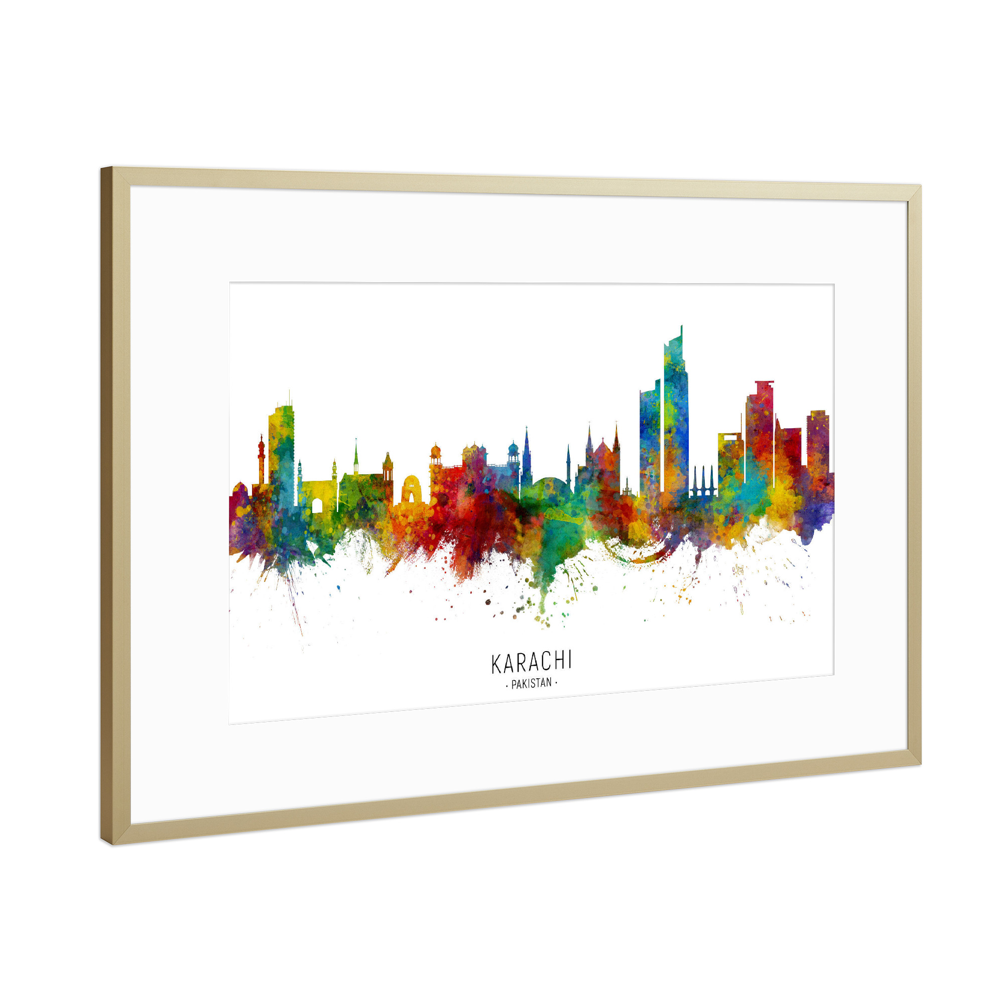 Poster mit Rahmen Gold "Karachi Pakistan Skyline txt" artboxONE - Städte - Karachi,Pakistan,Skyline,Cityscape,Stadtbild,Watercolor,Painting