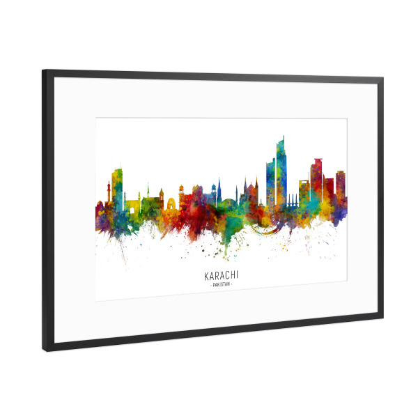 Poster mit Rahmen Schwarz (Metallic) "Karachi Pakistan Skyline txt" artboxONE - Städte