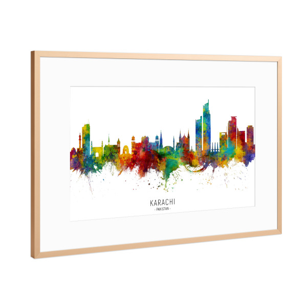 Poster mit Rahmen Kupfer "Karachi Pakistan Skyline txt" artboxONE - Städte - Karachi,Pakistan,Skyline,Cityscape,Stadtbild,Watercolor,Painting