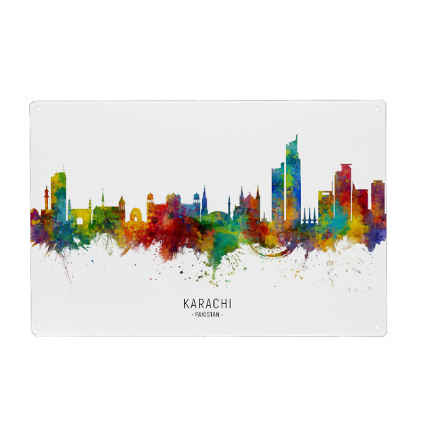 Holzbild "Karachi Pakistan Skyline txt" artboxONE - Städte - Karachi,Pakistan,Skyline,Cityscape,Stadtbild,Watercolor,Painting