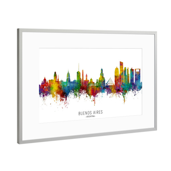 Poster mit Rahmen Silber "Buenos Aires Argentina Skyline txt" artboxONE - Städte