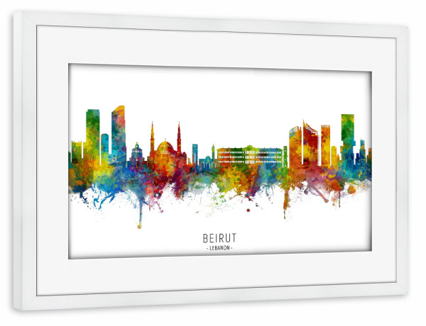 Poster mit Rahmen weiß "Beirut Lebanon Skyline txt" artboxONE - Städte - Beirut,Lebanon,Skyline,Cityscape,Stadtbild,Watercolor,Painting