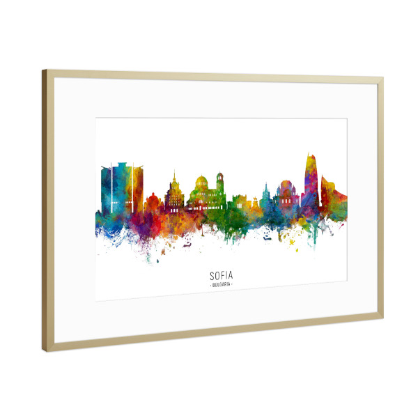 Poster mit Rahmen Gold "Sofia Bulgaria Skyline txt" artboxONE - Städte - Sofia,Bulgaria,Skyline,Cityscape,Stadtbild,Watercolor,Painting