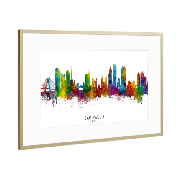 Poster mit Rahmen Gold "São Paulo Skyline Brazil txt" artboxONE - Städte - São paulo,Brazil,Skyline,Cityscape,Stadtbild,Watercolor,Painting