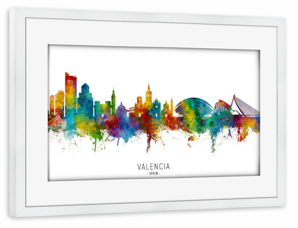 Poster mit Rahmen weiß "Valencia Spain Skyline txt" artboxONE - Städte - Valencia,Spain,Skyline,Cityscape,Stadtbild,Watercolor,Painting