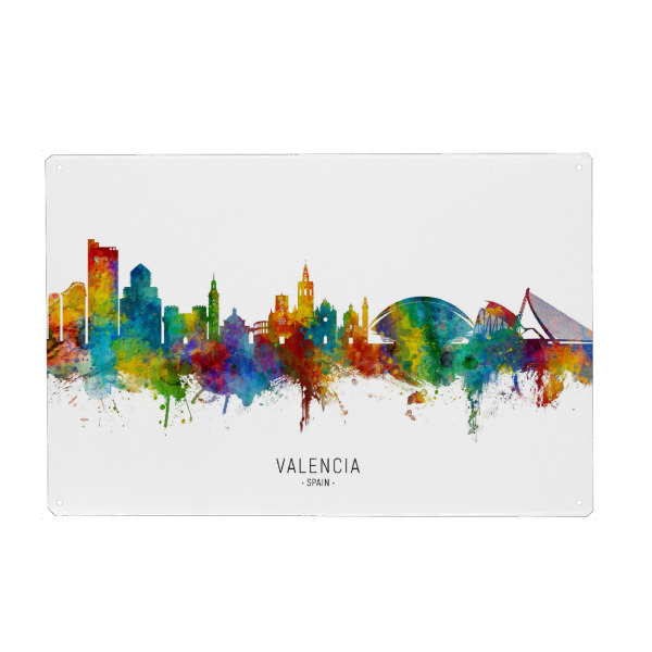 Holzbild "Valencia Spain Skyline txt" artboxONE - Städte - Valencia,Spain,Skyline,Cityscape,Stadtbild,Watercolor,Painting
