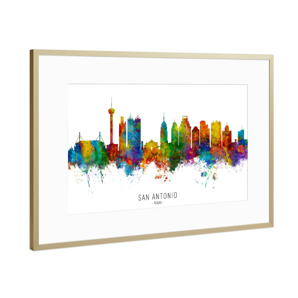 Poster mit Rahmen Gold "San Antonio Texas Skyline txt" artboxONE - Städte - San antonio,Texas,Skyline,Cityscape,Stadtbild,Watercolor,Painting