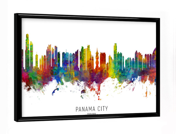 Poster mit schwarzem Rahmen "Panama City Skyline txt" artboxONE - Städte - Panama city,Panama,Skyline,Cityscape,Stadtbild,Watercolor,Painting