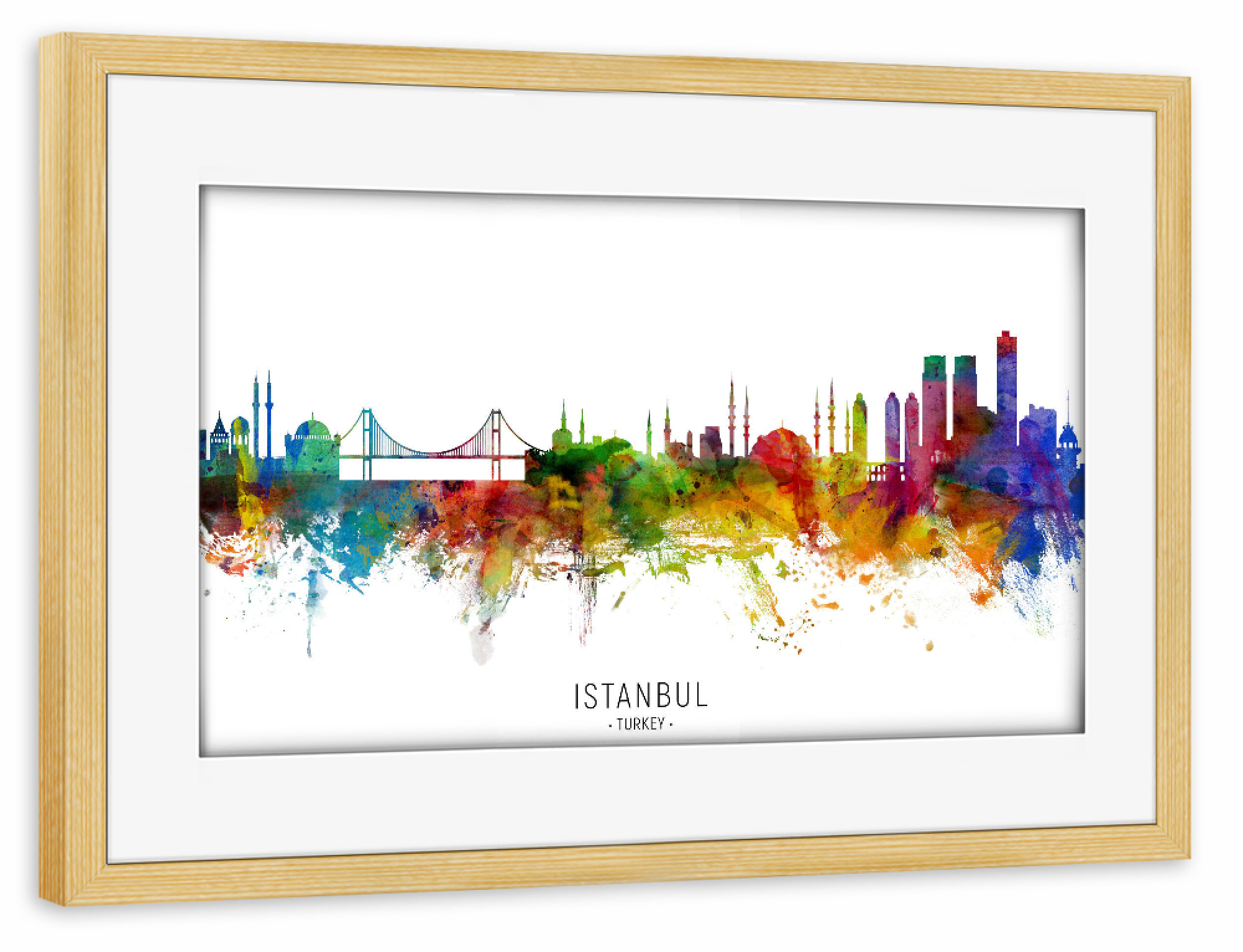 Poster mit Rahmen kiefer "Istanbul Turkey Skyline txt" artboxONE - Städte / Istanbul - Istanbul,Turkey,Skyline,Cityscape,Stadtbild,Watercolor,Painting