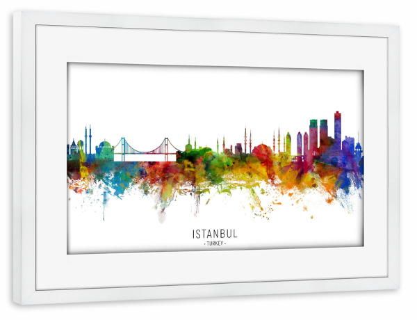 Poster mit Rahmen weiß "Istanbul Turkey Skyline txt" artboxONE - Städte / Istanbul - Istanbul,Turkey,Skyline,Cityscape,Stadtbild,Watercolor,Painting