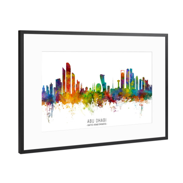 Poster mit Rahmen Schwarz (Metallic) "Abu Dhabi Skyline txt" artboxONE - Städte