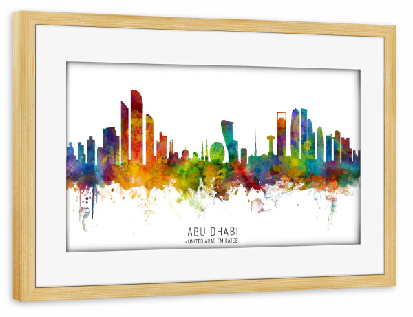 Poster mit Rahmen kiefer "Abu Dhabi Skyline txt" artboxONE - Städte - Abu dhabi,United arab emirates,Skyline,Cityscape,Stadtbild,Watercolor,Painting