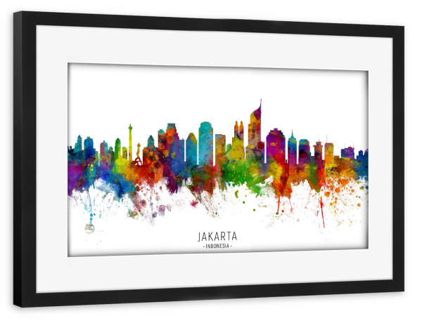 Poster mit Rahmen schwarz "Jakarta Skyline Indonesia txt" artboxONE - Städte - Jakarta,Indonesia,Skyline,Cityscape,Stadtbild,Watercolor,Painting