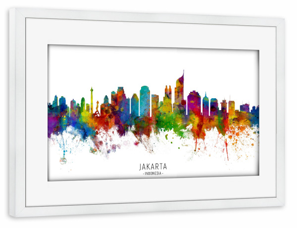 Poster mit Rahmen weiß "Jakarta Skyline Indonesia txt" artboxONE - Städte - Jakarta,Indonesia,Skyline,Cityscape,Stadtbild,Watercolor,Painting