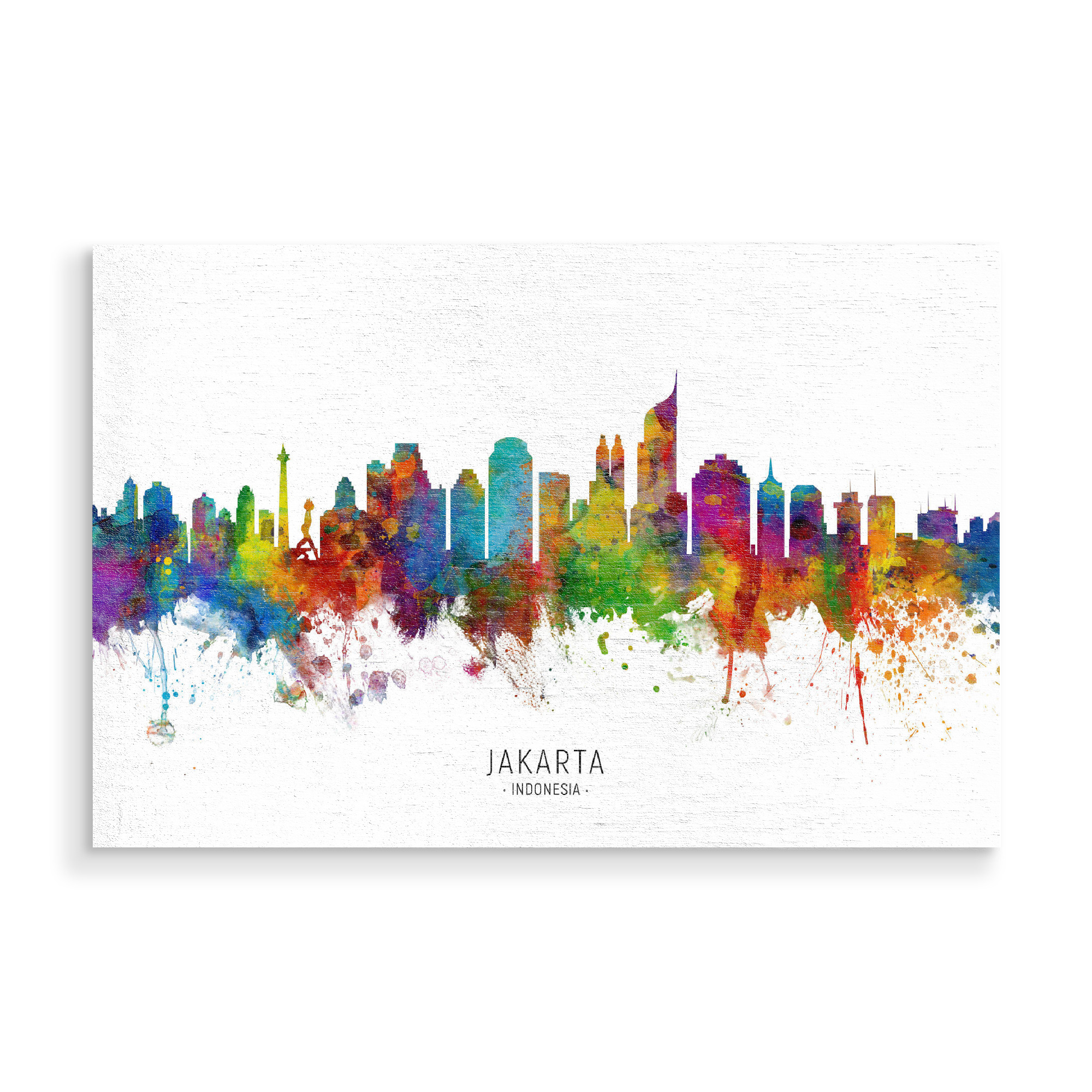 Holzbild "Jakarta Skyline Indonesia txt" artboxONE - Städte - Jakarta,Indonesia,Skyline,Cityscape,Stadtbild,Watercolor,Painting