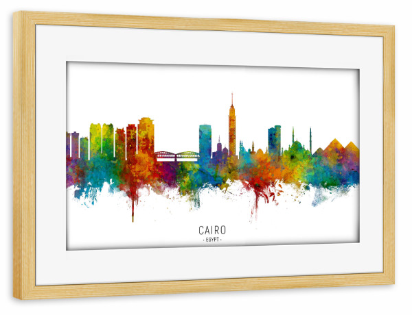 Poster mit Rahmen kiefer "Cairo Egypt Skyline txt" artboxONE - Städte - Cairo,Egypt,Skyline,Cityscape,Stadtbild,Watercolor,Painting
