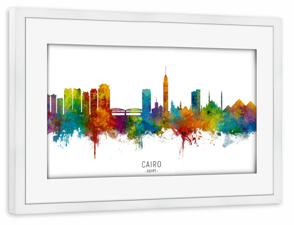 Poster mit Rahmen weiß "Cairo Egypt Skyline txt" artboxONE - Städte - Cairo,Egypt,Skyline,Cityscape,Stadtbild,Watercolor,Painting