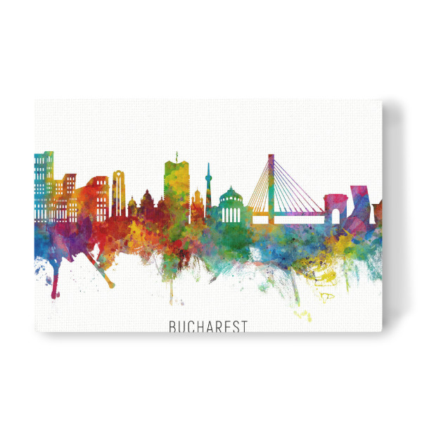 Leinwandbild "Bucharest Romania Skyline txt" artboxONE - Städte - Bucharest,Romania,Skyline,Cityscape,Stadtbild,Watercolor,Painting