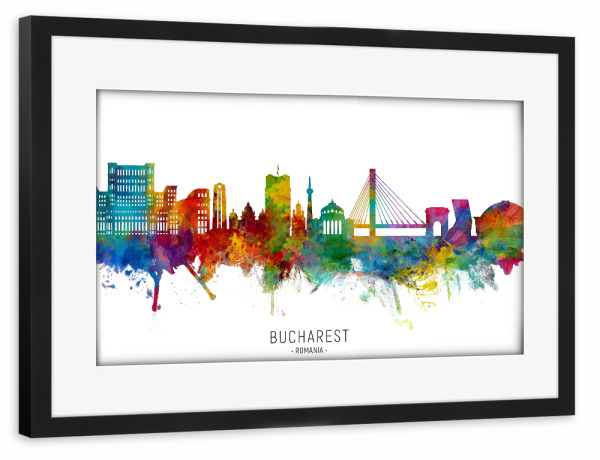 Poster mit Rahmen schwarz "Bucharest Romania Skyline txt" artboxONE - Städte - Bucharest,Romania,Skyline,Cityscape,Stadtbild,Watercolor,Painting