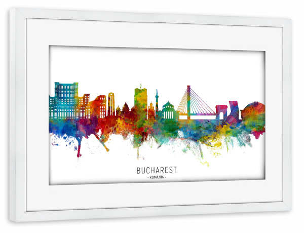 Poster mit Rahmen weiß "Bucharest Romania Skyline txt" artboxONE - Städte - Bucharest,Romania,Skyline,Cityscape,Stadtbild,Watercolor,Painting