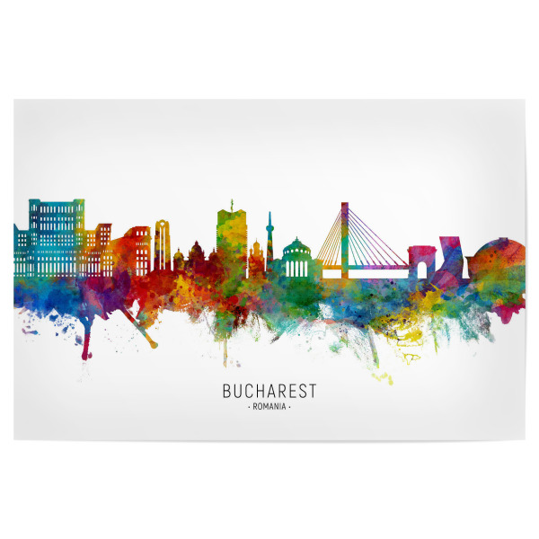 Poster 30x20 cm "Bucharest Romania Skyline txt" artboxONE - Städte - Bucharest,Romania,Skyline,Cityscape,Stadtbild,Watercolor,Painting