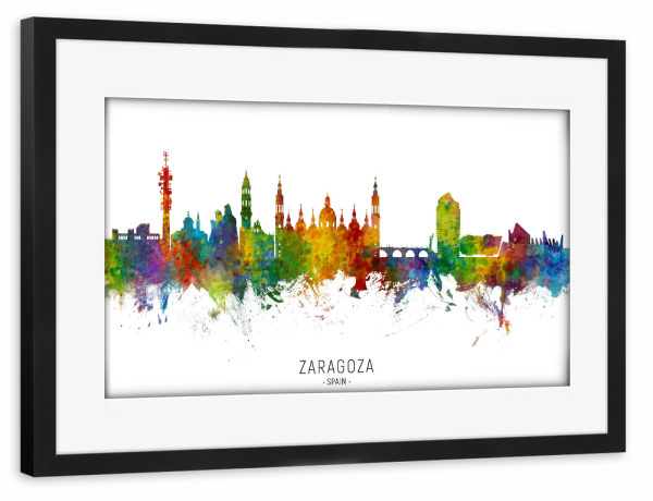 Poster mit Rahmen schwarz "Zaragoza Spain Skyline txt" artboxONE - Städte - Zaragoza,Spain,Skyline,Cityscape,Stadtbild,Watercolor,Painting