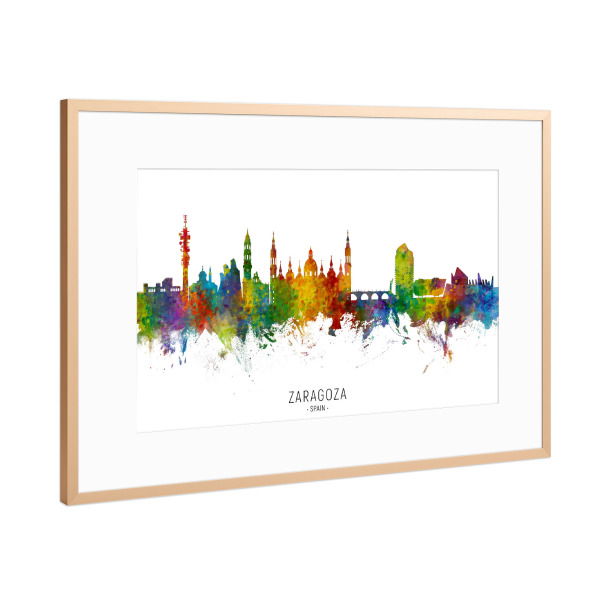 Poster mit Rahmen Kupfer "Zaragoza Spain Skyline txt" artboxONE - Städte - Zaragoza,Spain,Skyline,Cityscape,Stadtbild,Watercolor,Painting