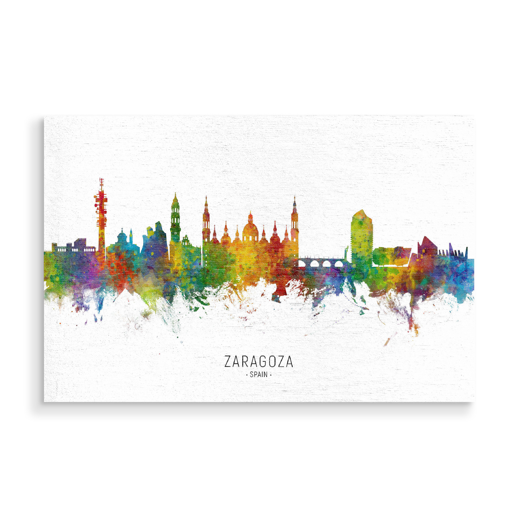 Holzbild "Zaragoza Spain Skyline txt" artboxONE - Städte - Zaragoza,Spain,Skyline,Cityscape,Stadtbild,Watercolor,Painting