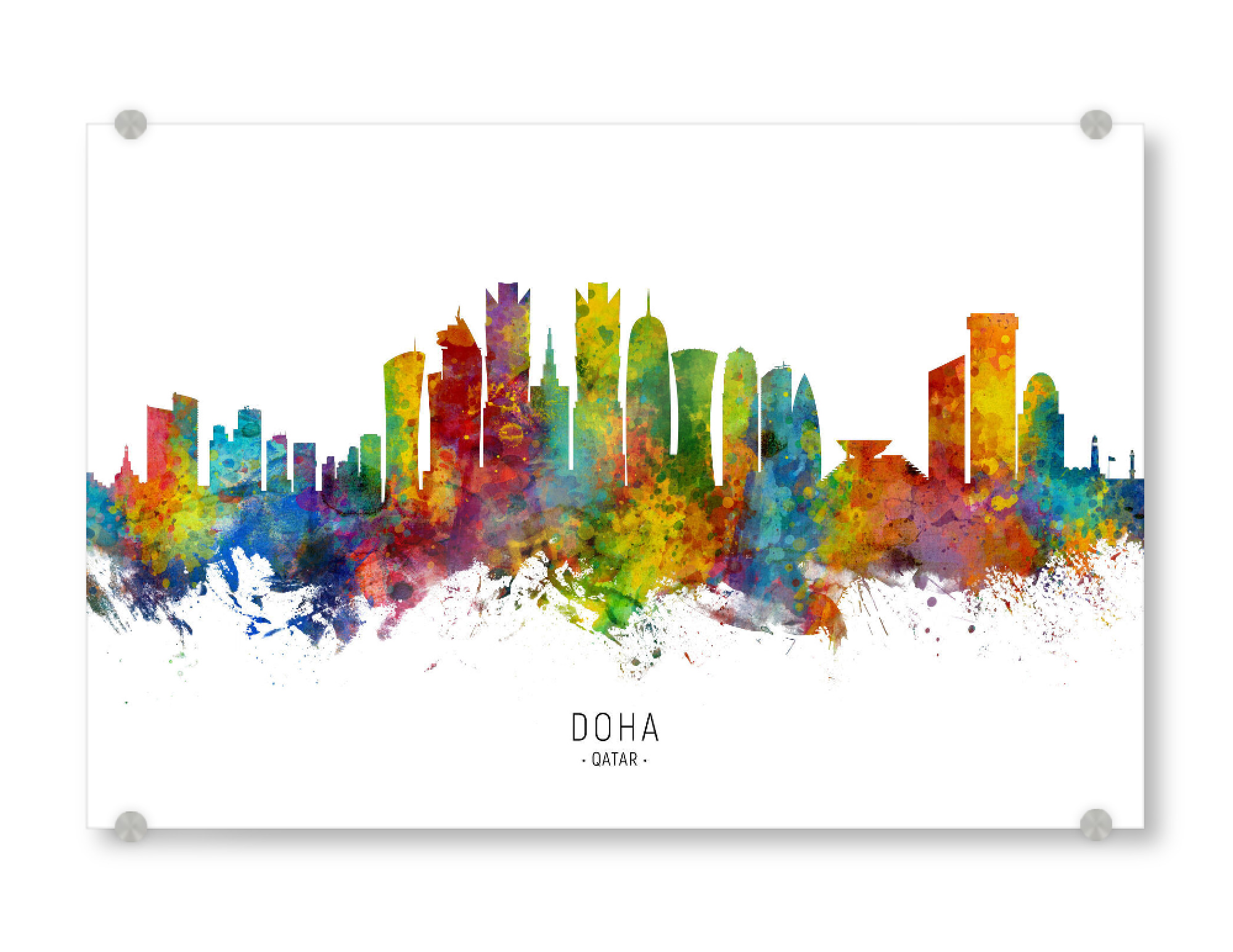 Acrylglasbild "Doha Qatar Skyline txt" artboxONE - Städte - Doha,Qatar,Skyline,Cityscape,Stadtbild,Watercolor,Painting