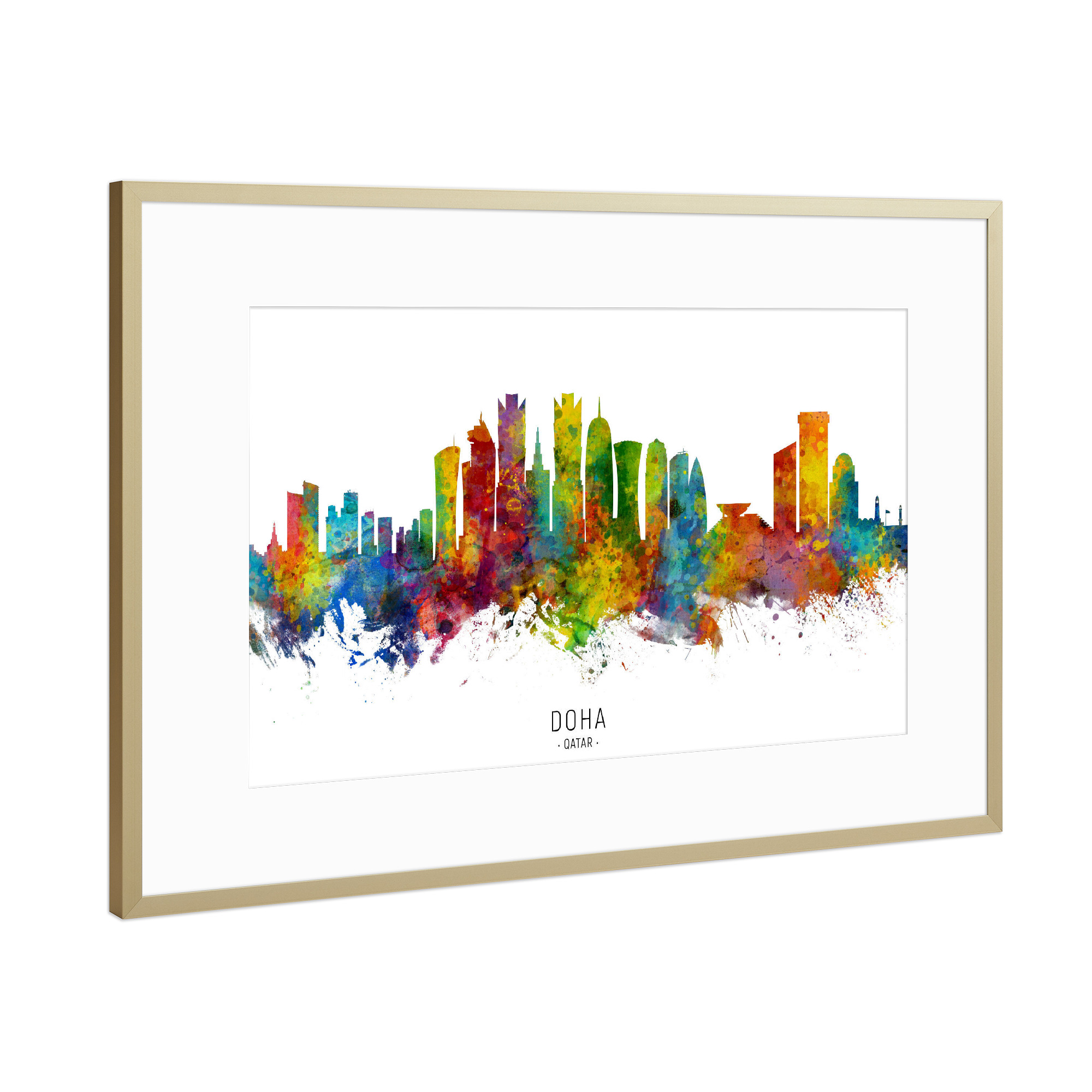 Poster mit Rahmen Gold "Doha Qatar Skyline txt" artboxONE - Städte - Doha,Qatar,Skyline,Cityscape,Stadtbild,Watercolor,Painting